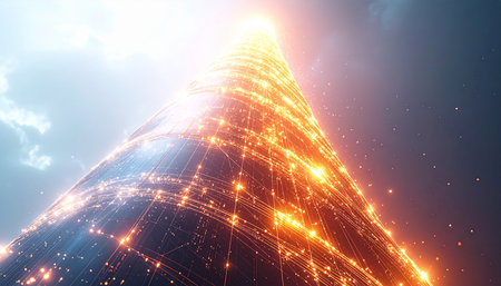 A monumental tower of light pierces the sky, its surface a complex web of glowing data streams. This represents the pinnacle of global connectivity and technological achievement, a beacon of progress and innovation where information flows freely, connecting the world in an instant.の素材