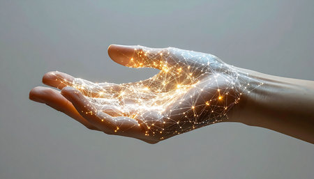A human hand gently cradles a glowing, intricate network of light, symbolizing the fusion of humanity and technology. This powerful visual represents concepts like digital innovation, the flow of data, and the limitless potential of future connections.の素材