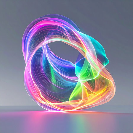 A vibrant, iridescent knot of light twists and flows in a continuous loop, casting a rainbow of colors onto a reflective surface. This dynamic 3D rendering evokes concepts of futuristic technology, the flow of digital data, and the boundless energy of creative innovation.の素材