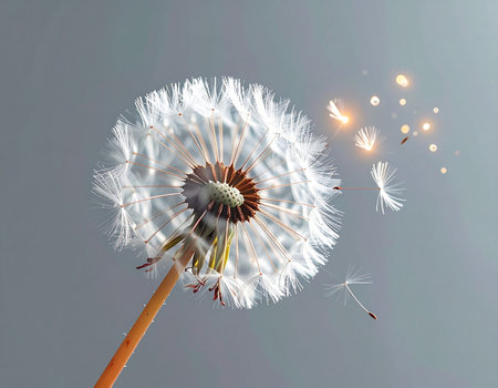 A delicate dandelion releases its seeds into the wind, each one carrying a tiny spark of magic and the promise of a new beginning. A symbol of wishes taking flight, hope, and the beautiful fragility of lifes transitions.の素材