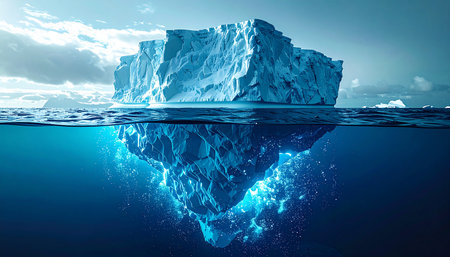 A majestic iceberg floats in the calm, cold ocean, its visible peak only hinting at the immense, powerful mass hidden beneath the waters surface. This image represents hidden depths, unseen challenges, and the vast potential that lies below what is immediately apparent.の素材