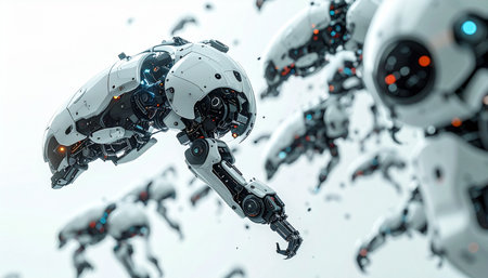 A squadron of advanced AI-powered drones moves with silent, synchronized precision through a stark white void. Their mission is unknown, suggesting themes of futuristic surveillance, autonomous military force, or the cutting edge of technological innovation.の素材