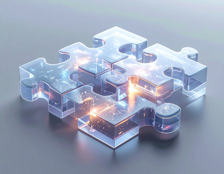 Four transparent puzzle pieces, crafted from a futuristic glass-like material, interlock perfectly. A warm, luminous energy flows between them, symbolizing the seamless integration of data, strategy, and innovation. This represents the final, critical connection in solving a complex technological challenge.の素材