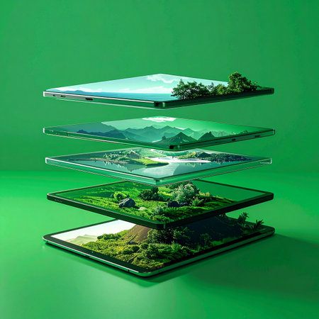 A conceptual 3D rendering illustrates the intersection of technology and nature. Layers of a vibrant ecosystem, from the forest floor to the mountain peaks and sky, are displayed on separate, transparent digital screens. This image represents concepts like environmental data visualization, green technology, and the digital construction of our natural world.の素材