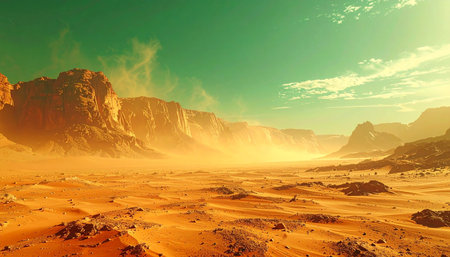 A breathtaking vista unfolds across a vast Martian valley, where reddish-orange sands and rugged canyons are bathed in the ethereal glow of a distant sun. A hazy, green-tinged sky hints at an alien atmosphere, evoking a sense of profound discovery, solitude, and the dawn of interplanetary exploration.の素材