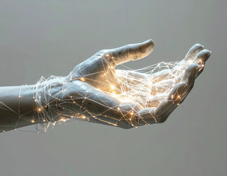 A futuristic hand gently holds a luminous web of interconnected lights, symbolizing the fusion of humanity and technology. This visual represents concepts like digital networks, data flow, artificial intelligence, and the glowing potential of future innovation.の素材
