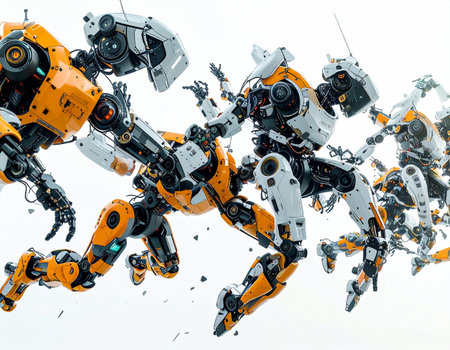 In a stark white void, advanced robotic warriors engage in a chaotic mid-air ballet of destruction. Orange and white mechs clash with explosive force, showcasing the pinnacle of future combat technology and the raw power of artificial intelligence in a fight for supremacy.の素材