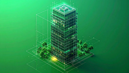 A glowing digital twin of a skyscraper materializes, showcasing the future of sustainable urban development. This smart building operates on a green energy grid, using data and AI to create a perfectly efficient and eco-friendly environment for its inhabitants.の素材