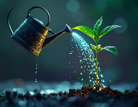In the quiet darkness, a glowing watering can pours magical, illuminated drops onto a new seedling, representing the careful nurturing of a brilliant idea, a promising new investment, or environmental care.の素材