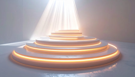 A luminous, multi-tiered podium awaits its moment of glory, bathed in a divine spotlight from above. The glowing steps ascend towards a central point of focus, creating a powerful visual for showcasing a winning product, celebrating an achievement, or representing a futuristic concept of success and innovation.の素材