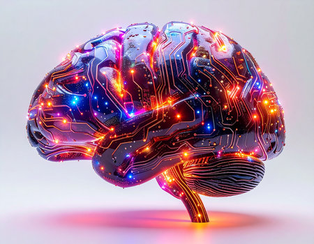 A vibrant digital brain pulsates with light, its intricate circuits representing a powerful neural network. This image visualizes the future of artificial intelligence, machine learning, and the boundless potential of data processing and complex thought.の素材