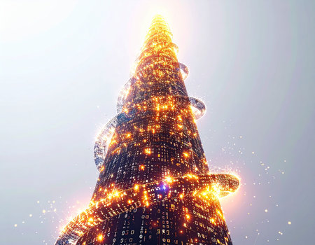 From a low-angle perspective, a magnificent technological tower surges upward, its intricate structure glowing with the vibrant energy of data and light. This futuristic beacon symbolizes progress, innovation, and the limitless potential of a connected digital world.の素材