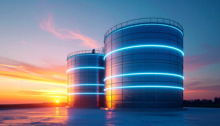 As the sun sets, futuristic industrial silos illuminate with glowing blue rings, symbolizing a new era of smart energy storage, innovation, and the integration of technology with heavy industry for a more efficient future.の素材