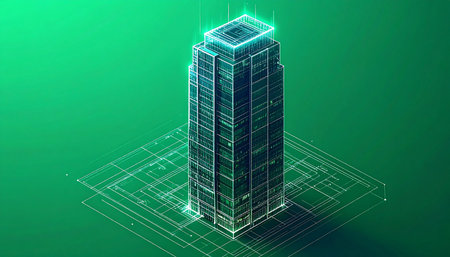 A glowing holographic blueprint of a smart building materializes, showcasing the future of sustainable urban architecture. This digital twin represents a fusion of technology, data, and design, visualizing the next generation of intelligent infrastructure.の素材
