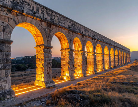 As the sun dips below the horizon, the ancient Pont du Gard aqueduct glows with a warm, golden light. Each stone arch stands as a testament to Roman engineering and enduring history, bridging the past with the present in a moment of serene, timeless beauty.の素材