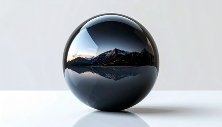 A perfectly polished black obsidian sphere rests on a clean white surface, capturing a serene mountain landscape within its reflection. This image symbolizes clarity, foresight, and the delicate balance between the man-made and the natural world, offering a glimpse into a pristine, hopeful future.の素材