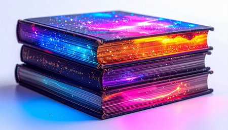 A stack of ancient tomes glows with an otherworldly light, their covers and pages revealing vibrant galaxies and nebulae. This image represents the boundless universe of knowledge, imagination, and storytelling waiting to be discovered within the pages of a book.の素材