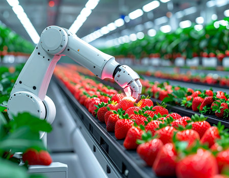 In a state-of-the-art vertical farm, a precision robotic arm meticulously inspects and harvests ripe strawberries, showcasing the future of sustainable and efficient food production. This blend of technology and agriculture ensures perfect quality and high yields.の素材