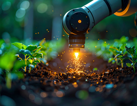 In a vision of the future, an advanced robotic arm performs precision agriculture, analyzing and enriching the soil with glowing nutrients. This smart farming technology ensures optimal growth for young seedlings, symbolizing a new era of sustainable and efficient food production through innovation and automation.の素材