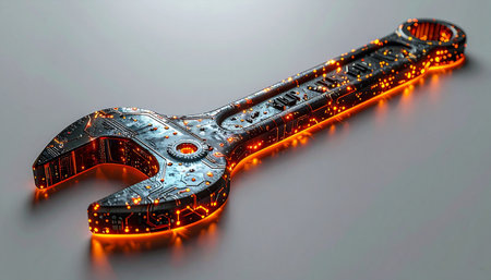 A glimpse into the future of engineering, where traditional tools are infused with intelligent technology. This glowing smart wrench, with its intricate circuit board design, symbolizes the next wave of innovation in repair, diagnostics, and automated industry.の素材