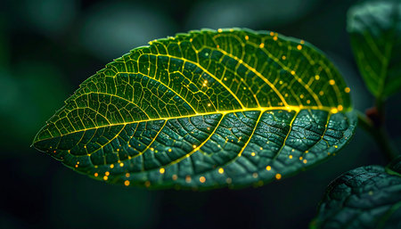 A macro view reveals the intricate network of a single leaf, its veins glowing with a mysterious inner light. This image captures the complex, hidden systems of nature, suggesting themes of life, energy, and the beautiful complexity found in the smallest details of the natural world.の素材