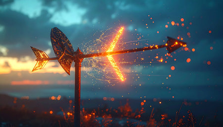 As twilight settles over the world, a mystical weather vane doesnt just point the way it forges it. A brilliant, fiery energy courses through its arrow, shattering old certainties and creating a new path forward with a shower of glowing embers. This image captures a moment of powerful transformation, guidance, and magical destiny.の素材