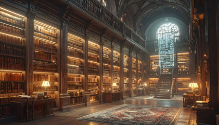 Warm light from ornate lamps illuminates towering bookshelves in a majestic, historic library. A large, arched stained-glass window creates a serene and contemplative atmosphere, perfect for concepts of knowledge, history, and quiet study.の素材