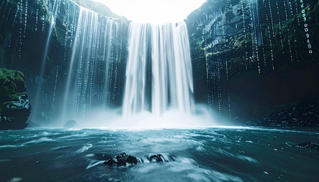 From a low-angle perspective, a powerful waterfall crashes into a tranquil pool, illuminated by a heavenly light from above. The surrounding dark rocks create a sense of a hidden, sacred grotto, evoking feelings of awe, purity, and serene discovery.の素材