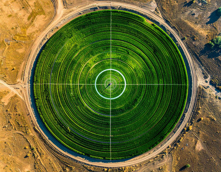 From high above, a perfect circle of vibrant green emerges from the arid landscape, a testament to modern agricultural technology. This center-pivot irrigation system creates a striking geometric pattern, symbolizing efficiency, sustainability, and the precise cultivation of life in a challenging environment.の素材