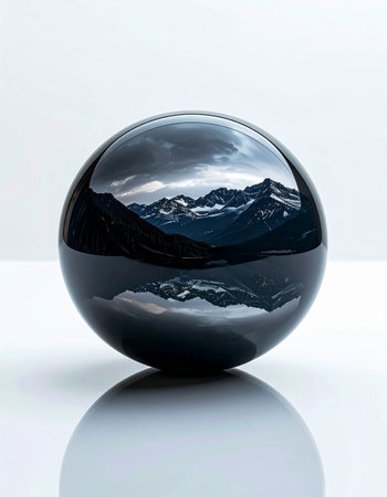 A pristine mountain landscape with its lake and dramatic sky is captured within the polished surface of a mystical sphere. This conceptual image evokes themes of foresight, environmental perspective, and seeing the world through a new, focused lens.の素材