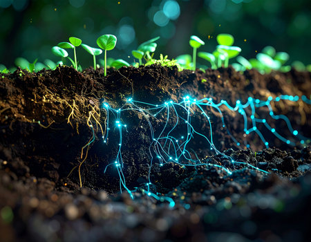 Beneath the surface of new life, a hidden world thrives. Luminous roots form an intricate neural network, sharing data and resources in a display of natures secret intelligence. This image represents the fusion of biology and technology, symbolizing smart agriculture, sustainable innovation, and the interconnectedness of all living systems.の素材
