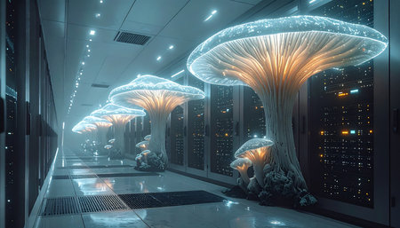 In a data center of the future, technology and nature merge in a stunning symbiosis. Giant, bioluminescent mushrooms grow between server racks, their glowing caps illuminating the hardware, symbolizing a new era of organic computing and sustainable data networks.の素材