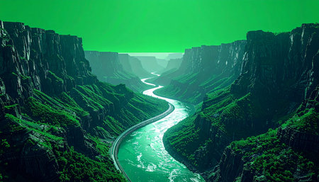 A luminous emerald river carves its path through a deep, mysterious canyon under a surreal green sky. This otherworldly landscape evokes a sense of tranquil exploration and the discovery of an untouched, fantastical world, perfect for themes of journey, fantasy, and the unknown.の素材