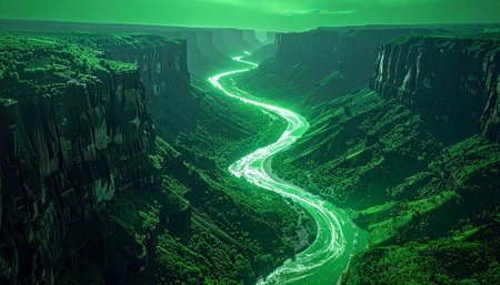 A luminous, emerald-green river winds its way through a deep, shadowy canyon, casting an ethereal glow on the rugged cliffs. This surreal landscape evokes a sense of mystery and magic, perfect for fantasy, sci-fi, or environmental concepts.の素材
