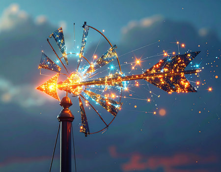 An enchanted arrow weathervane, illuminated by a cascade of sparkling fairy lights, points confidently into the twilight sky. This whimsical image symbolizes guidance, innovation, and the magical spark of a new idea or journey.の素材
