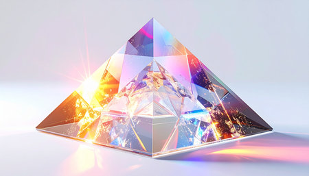 A crystal pyramid sits on a clean, white surface, capturing and refracting light into a brilliant display of rainbow colors. The vibrant spectrum and glowing flares create a sense of modern magic, blending concepts of science, spirituality, and futuristic technology.の素材