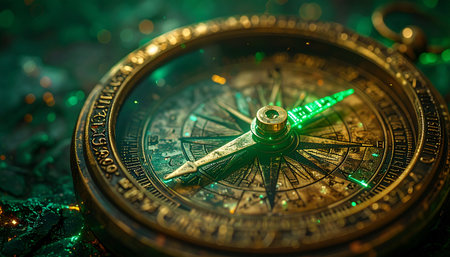 An ancient, ornate compass lies on a mysterious surface, its needle glowing with an ethereal green light. It points the way through darkness, symbolizing a journey of discovery, guidance towards a hidden destiny, or the start of a grand adventure.の素材