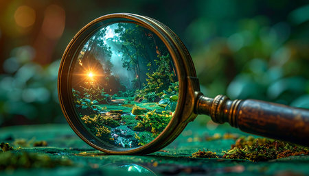 Step into a world of wonder where a simple lens uncovers a secret, enchanted landscape hidden within the forest. This image symbolizes exploration, curiosity, and the magic of looking closer to find the extraordinary.の素材