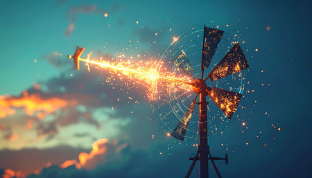 At the edge of twilight, a rural windmill meets a spectacular and catastrophic end. A brilliant beam of raw energy, crackling with sparks and fire, slams into its blades, causing a dramatic explosion against the darkening sky. This image captures a moment of intense, unexpected destruction, blending pastoral scenery with a powerful sci-fi or fantasy event.の素材