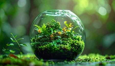 A perfect, self-contained world thrives within a glass sphere. This miniature ecosystem, a tiny forest of lush moss and vibrant plants, represents the delicate balance of nature, growth, and the concept of environmental protection in a beautiful, serene display.の素材