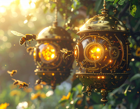 In a hidden, sun-drenched garden, mechanical beehives hum with life. These ornate steampunk lanterns serve as both home and power source for a colony of industrious bees, blending ancient nature with futuristic technology in a harmonious, glowing spectacle.の素材