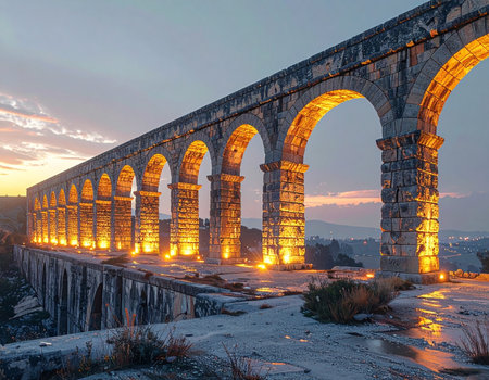 As twilight paints the sky in soft hues, the ancient Roman Pont du Gard awakens with a warm, golden glow. Each illuminated arch stands as a testament to timeless engineering and enduring beauty, its reflection shimmering on the wet stone path below.の素材