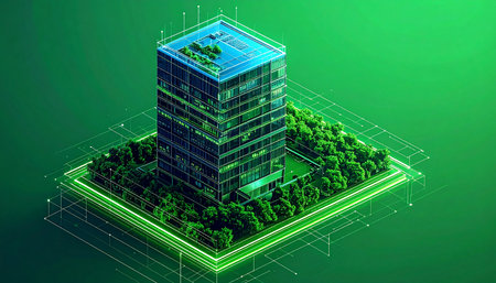 An isometric visualization of a futuristic green building, seamlessly integrating advanced technology with lush nature. This concept represents a vision for sustainable urban development, where smart cities are powered by clean energy and designed in harmony with the environment, symbolizing progress and ecological responsibility.の素材
