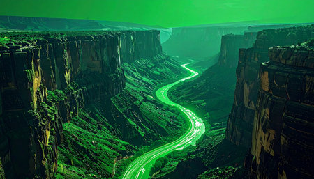 A mysterious, luminous green river carves a path through a deep, dark canyon under an eerie sky. This otherworldly landscape evokes a sense of futuristic exploration, environmental mystery, or a journey into an unknown alien world.の素材