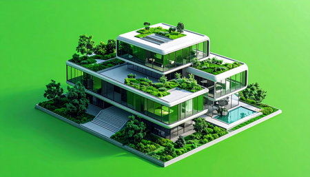 An isometric 3D rendering showcases a visionary piece of sustainable architecture. This modern building integrates lush green roofs and vertical gardens, demonstrating a future where urban living exists in perfect harmony with nature. A crystal-clear pool adds a touch of luxury to this eco-conscious design, representing a blueprint for the clean, efficient, and beautiful cities of tomorrow.の素材