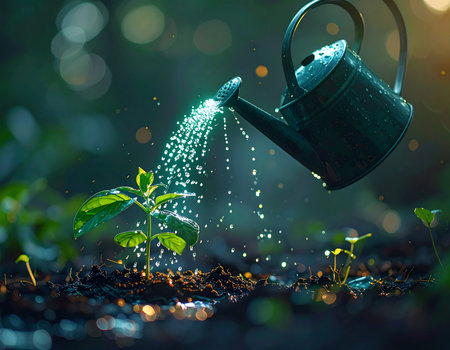 In the soft, magical light of a new day, a watering can gently showers a tiny sprout, providing the life-giving water it needs to grow. This image represents care, nurturing, and the hopeful beginning of new potential, perfect for concepts of growth, investment, and sustainability.の素材