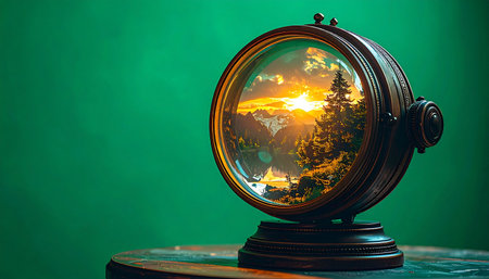 A vintage orb on a dark table holds a vision of a different world. Inside, a golden sun sets over a pristine forest landscape, offering a glimpse of hope, natural beauty, and future possibilities. This magical portal represents imagination, foresight, and the connection between technology and the environment.の素材