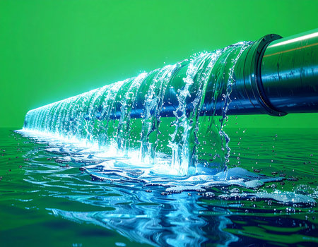 Crystal clear water cascades from a modern industrial pipeline, symbolizing a continuous flow of purified resources. Set against a vibrant green background, this image represents concepts of sustainability, technological innovation, and efficient environmental management.の素材
