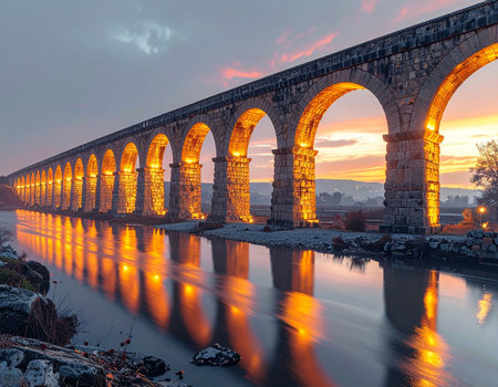 As twilight descends, the ancient Pont du Gard aqueduct glows with golden light, its majestic arches perfectly reflected in the calm Gardon River. This timeless scene blends Roman engineering marvel with the serene beauty of a French sunset, evoking a sense of history and tranquility.の素材