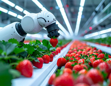 In a glimpse of the future of food, a precision robotic arm gently harvests a perfectly ripe strawberry. This scene from a high-tech vertical farm showcases the power of automation and AI in creating a sustainable and efficient food supply, ensuring freshness from plant to plate.の素材